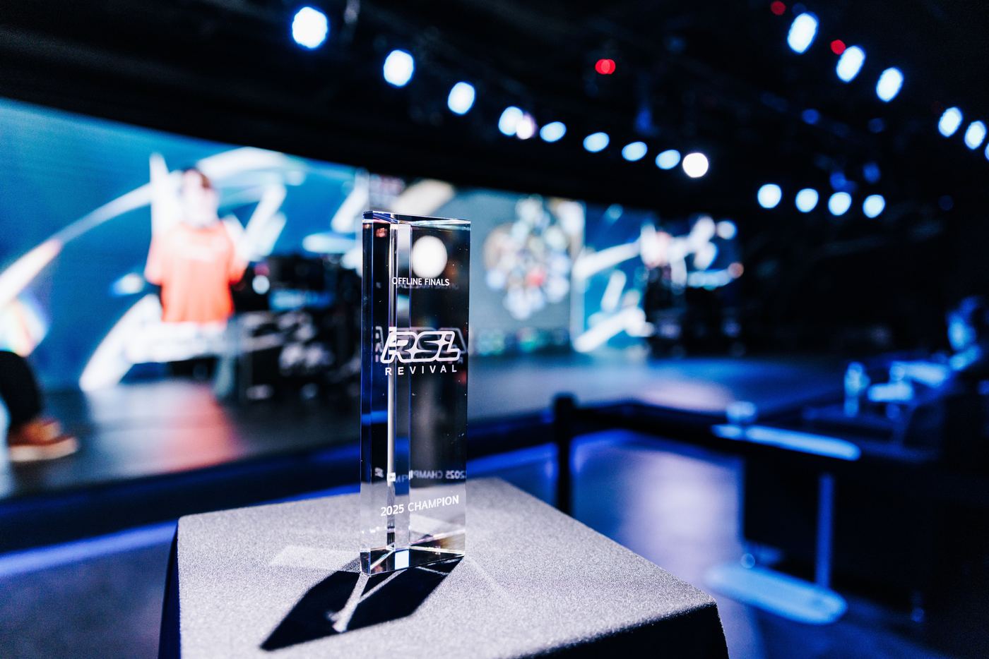 The RSL Revival champion trophy on display in front of the stage
